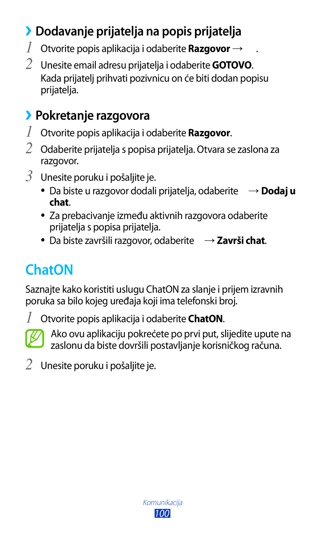 Samsung GT-N8000EAASMO, GT-N8000EAATRA ChatON, ››Dodavanje prijatelja na popis prijatelja, ››Pokretanje razgovora, 100 