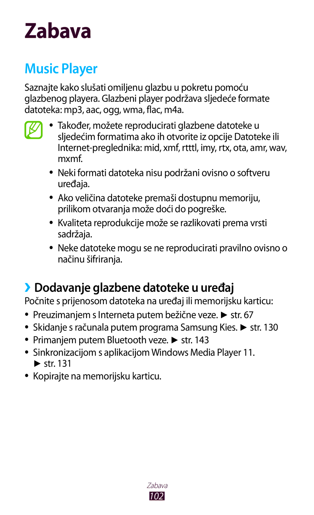 Samsung GT-N8000EAACMF, GT-N8000EAASMO, GT-N8000EAATRA manual Music Player, ››Dodavanje glazbene datoteke u uređaj, 102 