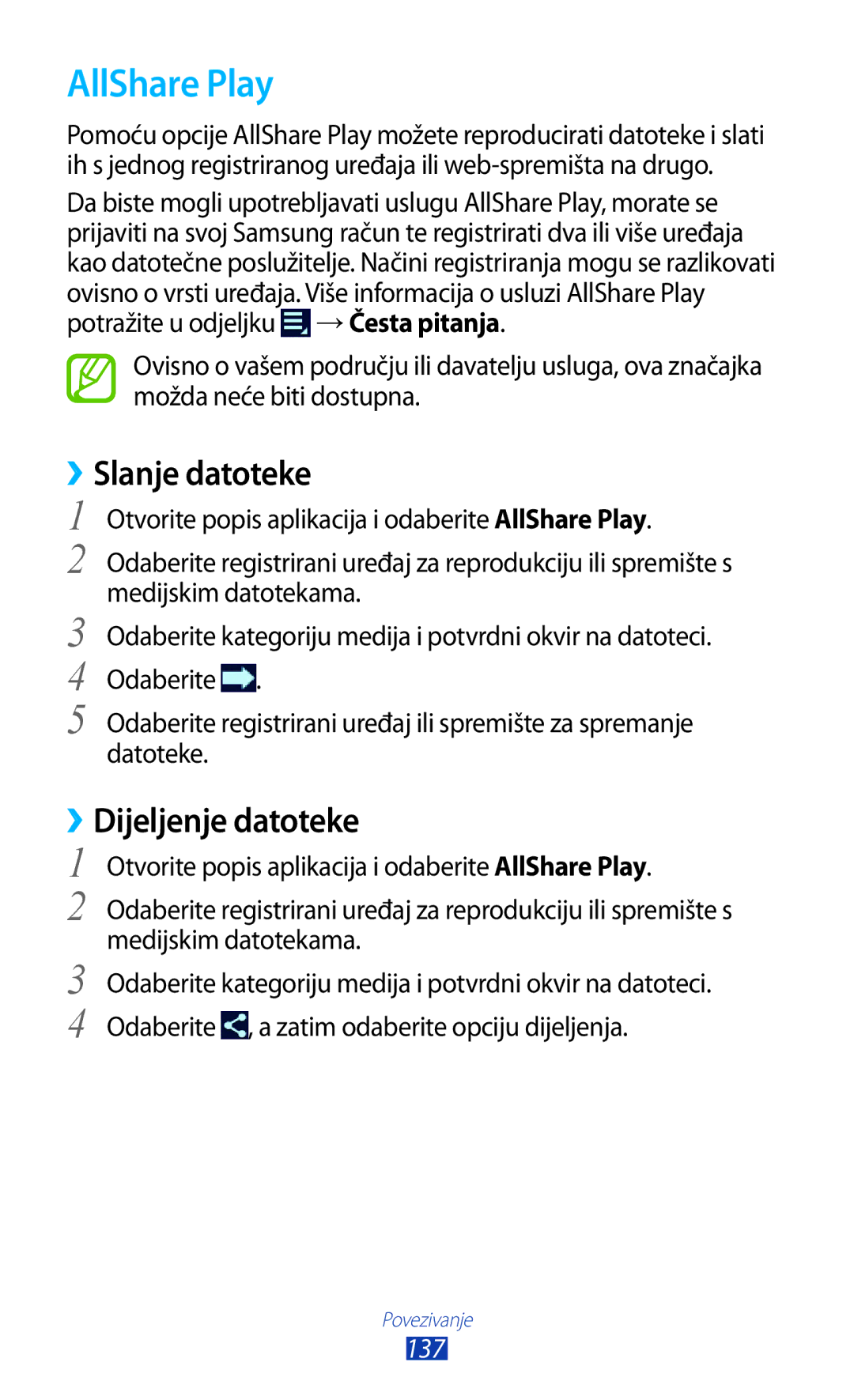 Samsung GT-N8000EAATRA, GT-N8000EAASMO, GT-N8000EAACMF manual AllShare Play, ››Slanje datoteke, ››Dijeljenje datoteke, 137 