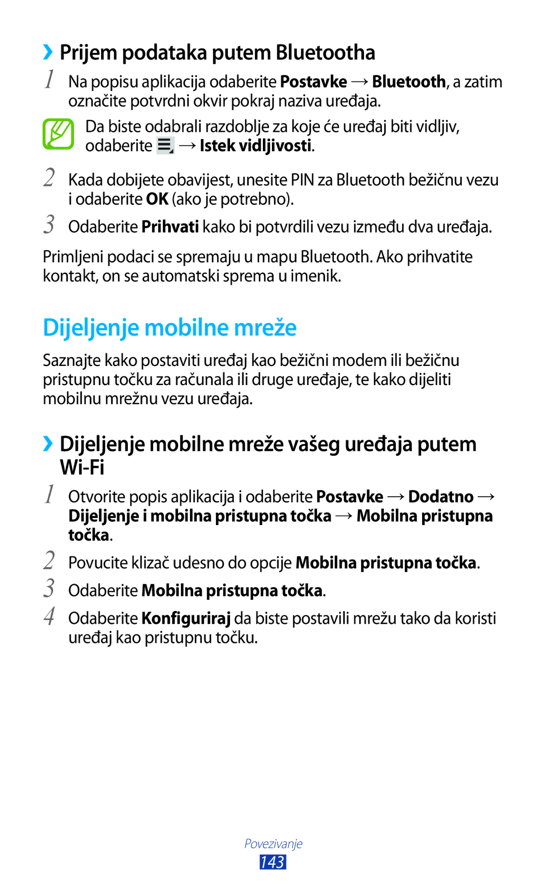 Samsung GT-N8000EAAVIP, GT-N8000EAASMO manual Dijeljenje mobilne mreže, ››Prijem podataka putem Bluetootha, Wi-Fi, 143 