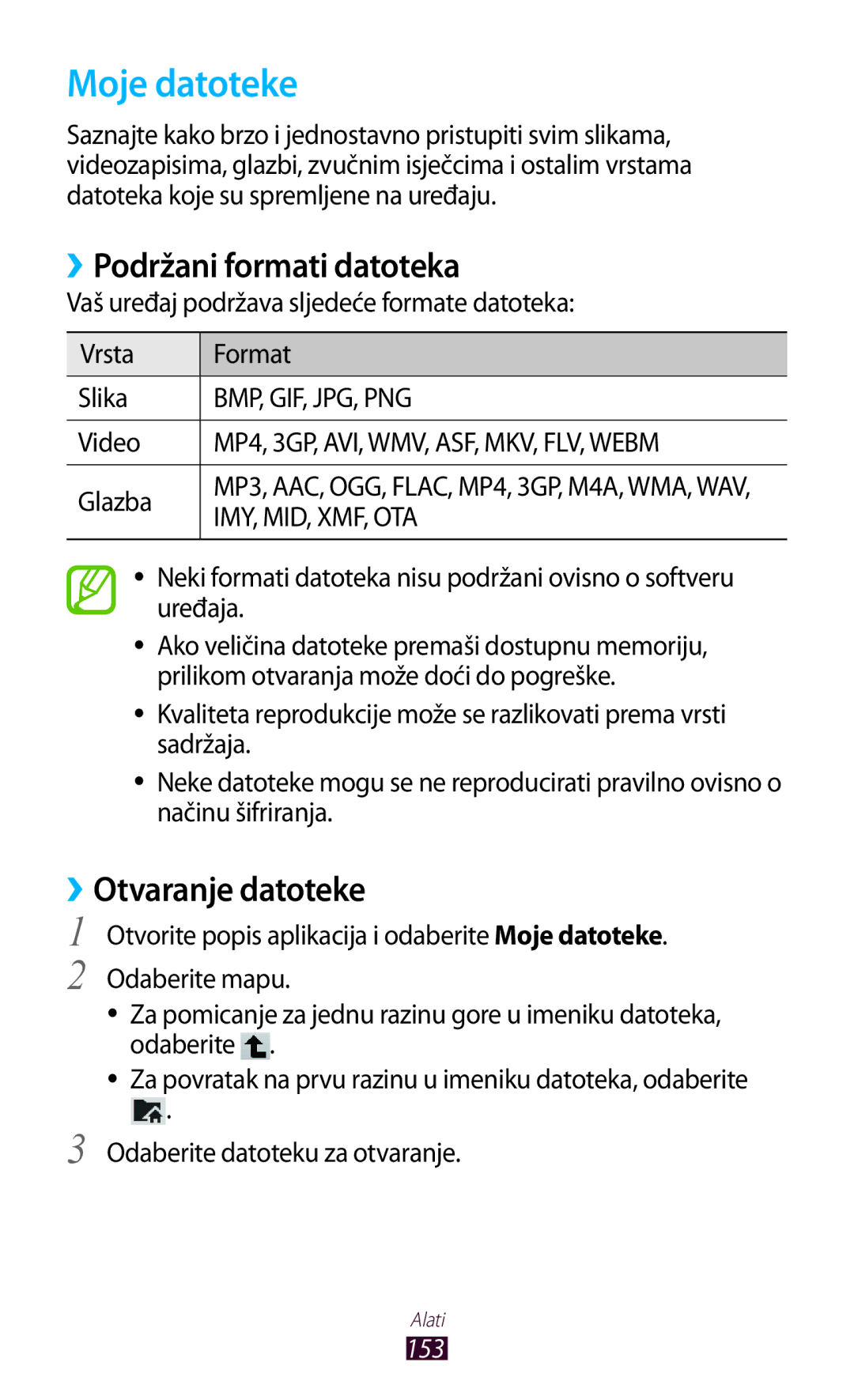 Samsung GT-N8000EAATRA, GT-N8000EAASMO manual Moje datoteke, ››Podržani formati datoteka, ››Otvaranje datoteke, 153 