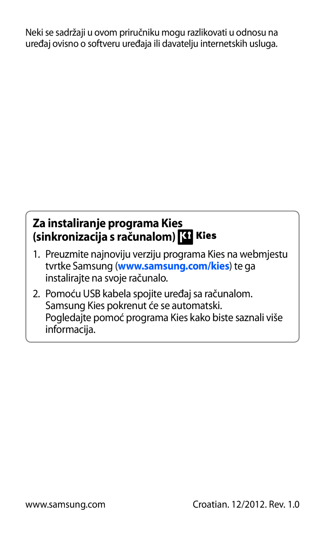 Samsung GT-N8000EAATRA, GT-N8000EAASMO, GT-N8000EAACMF manual Za instaliranje programa Kies sinkronizacija s računalom 