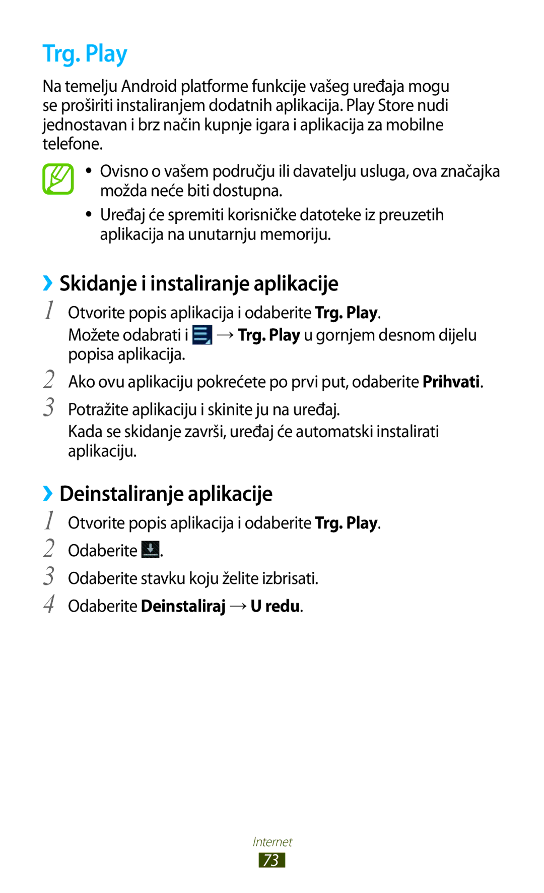 Samsung GT-N8000EAATRA, GT-N8000EAASMO manual Trg. Play, ››Skidanje i instaliranje aplikacije, ››Deinstaliranje aplikacije 