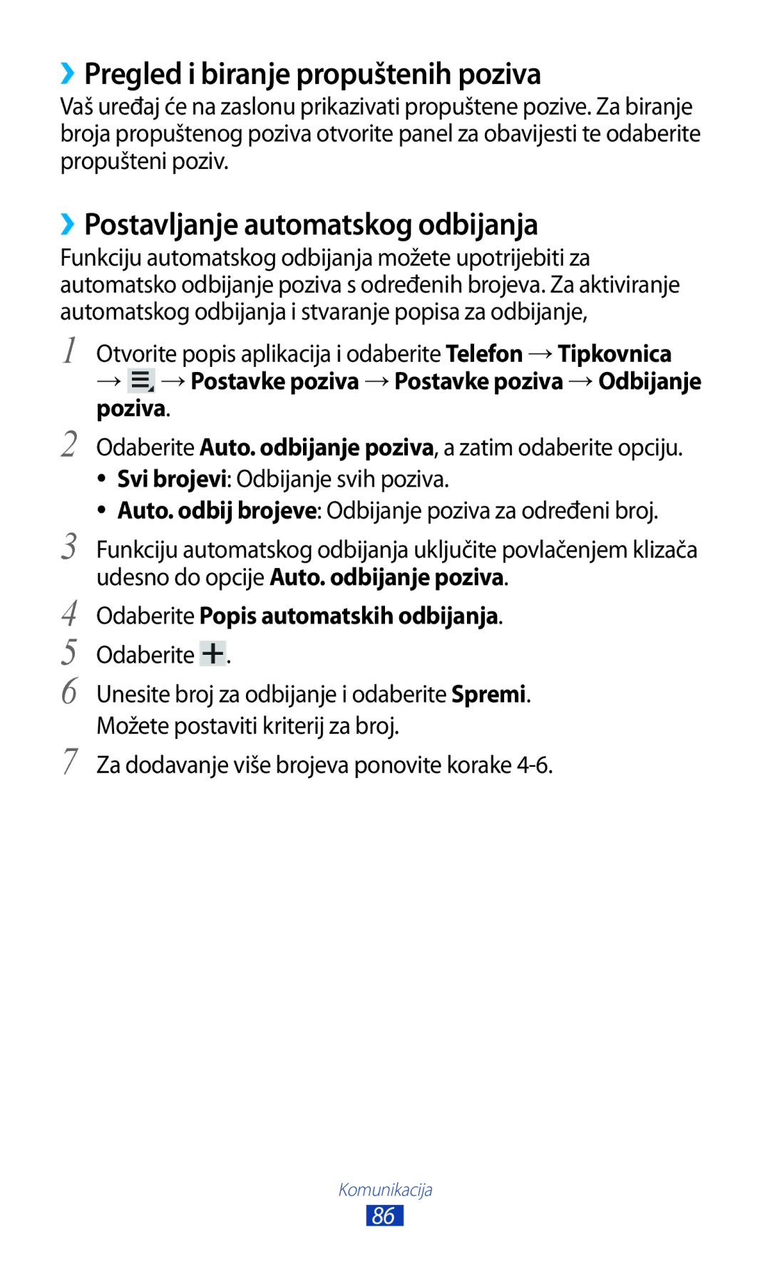 Samsung GT-N8000EAACMF, GT-N8000EAASMO manual ››Pregled i biranje propuštenih poziva, ››Postavljanje automatskog odbijanja 