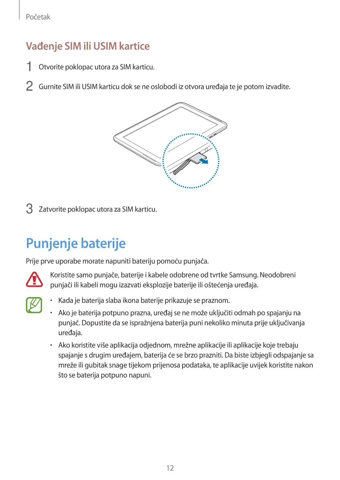 Samsung GT-N8000EAASMO, GT-N8000EAATRA, GT-N8000EAACMF, GT-N8000EAAVIP manual Punjenje baterije, Vađenje SIM ili Usim kartice 