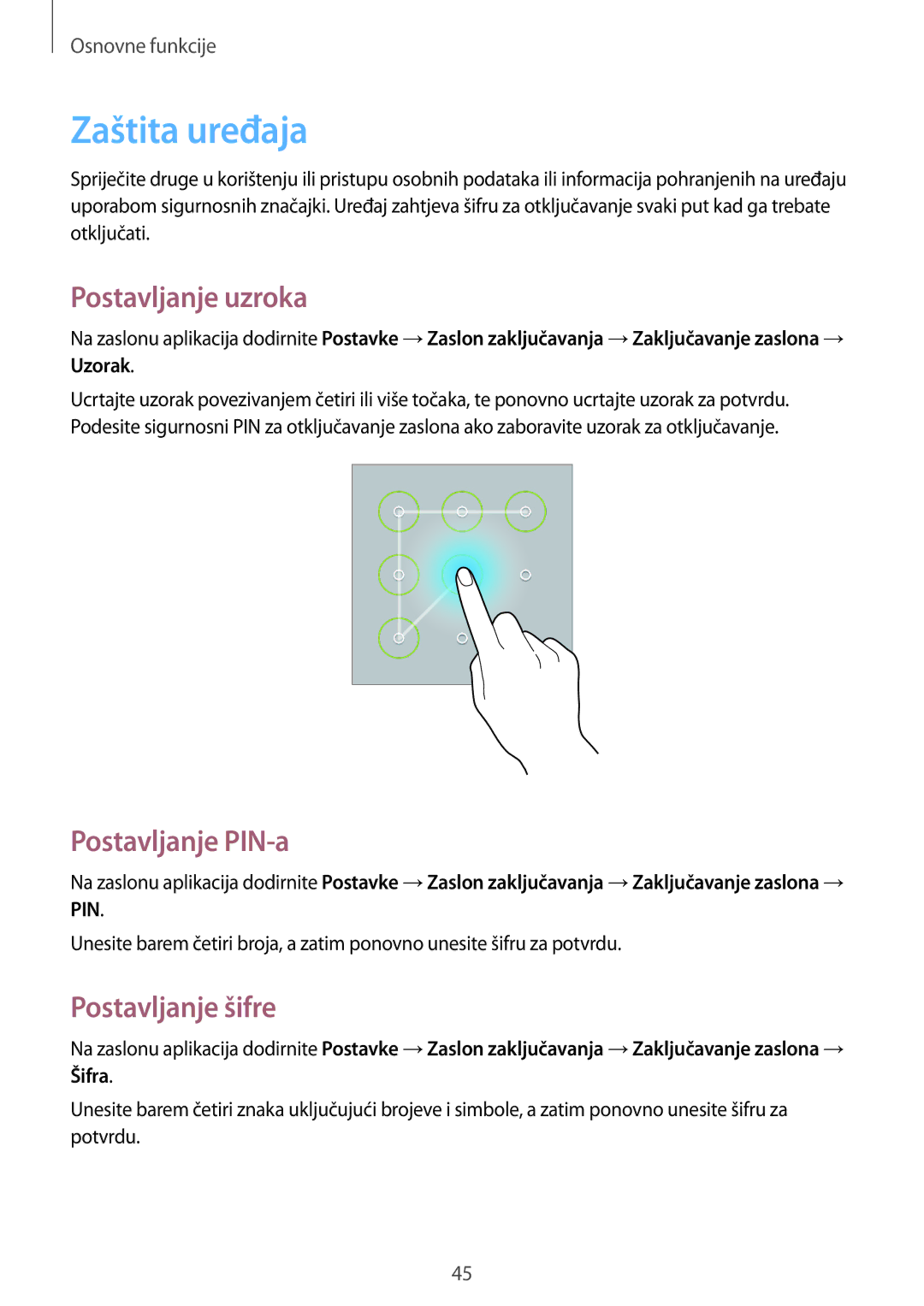 Samsung GT-N8000EAATRA, GT-N8000EAASMO manual Zaštita uređaja, Postavljanje uzroka, Postavljanje PIN-a, Postavljanje šifre 