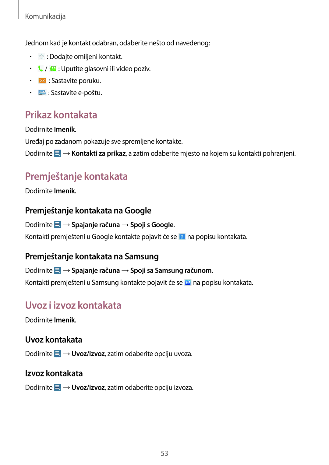 Samsung GT-N8000EAATRA, GT-N8000EAASMO, GT-N8000EAACMF Prikaz kontakata, Premještanje kontakata, Uvoz i izvoz kontakata 