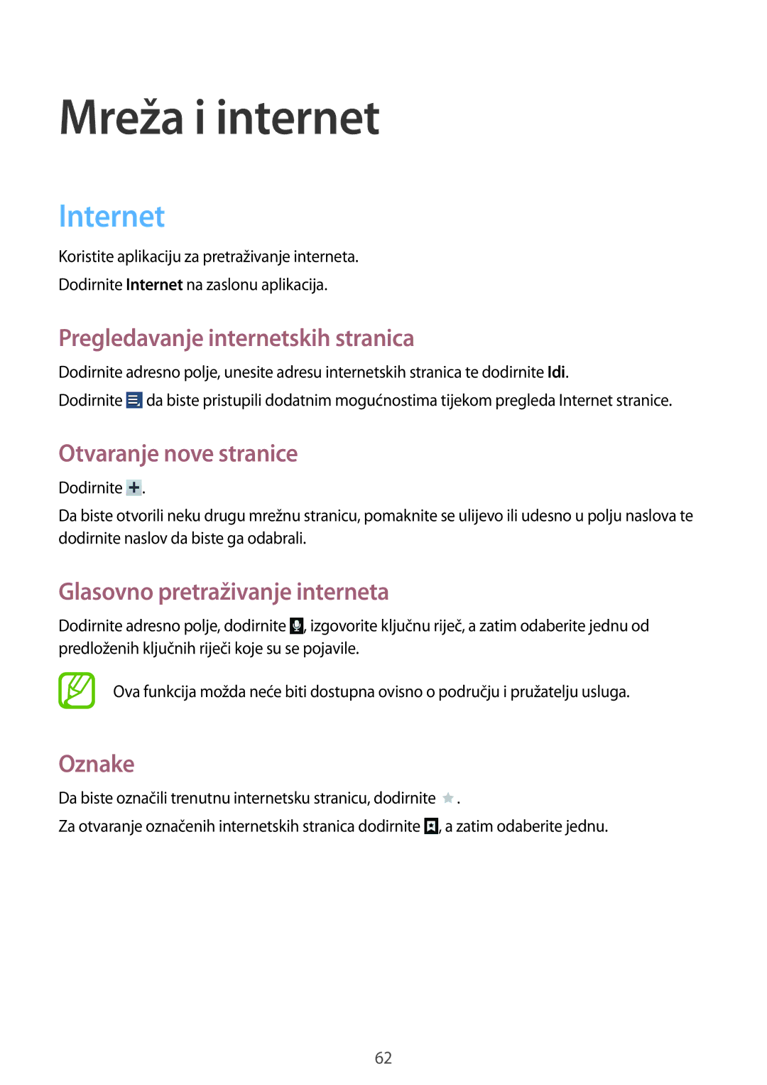 Samsung GT-N8000EAACMF, GT-N8000EAASMO manual Internet, Pregledavanje internetskih stranica, Otvaranje nove stranice, Oznake 