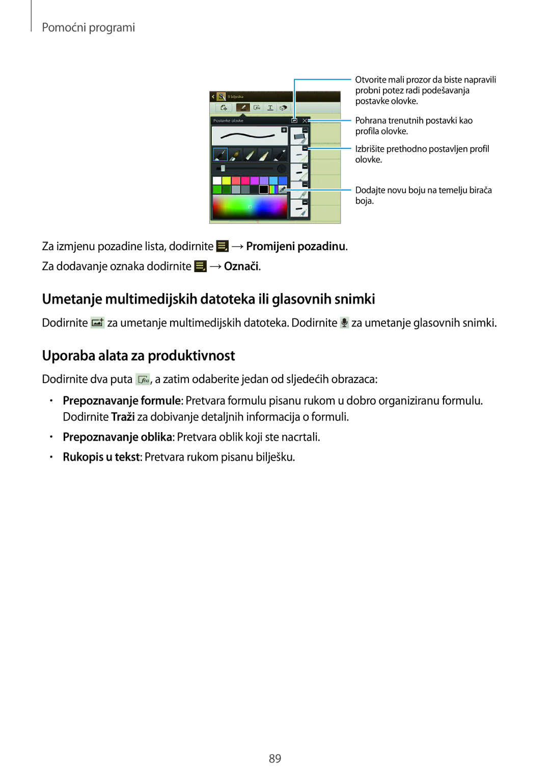 Samsung GT-N8000EAATRA manual Umetanje multimedijskih datoteka ili glasovnih snimki, Uporaba alata za produktivnost 