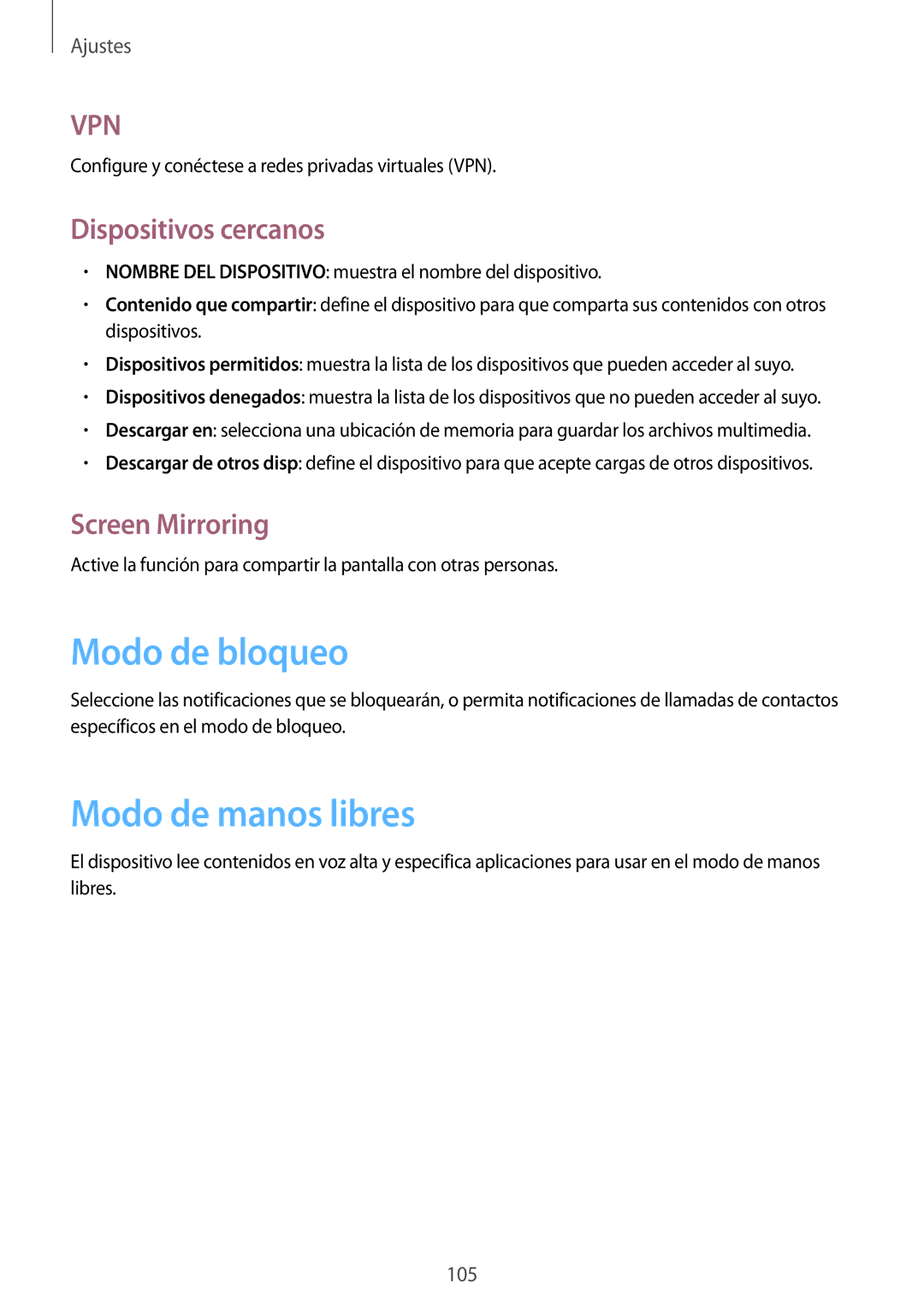 Samsung GT-N8000ZWAMWD, GT-N8000ZWAITV manual Modo de bloqueo, Modo de manos libres, Dispositivos cercanos, Screen Mirroring 