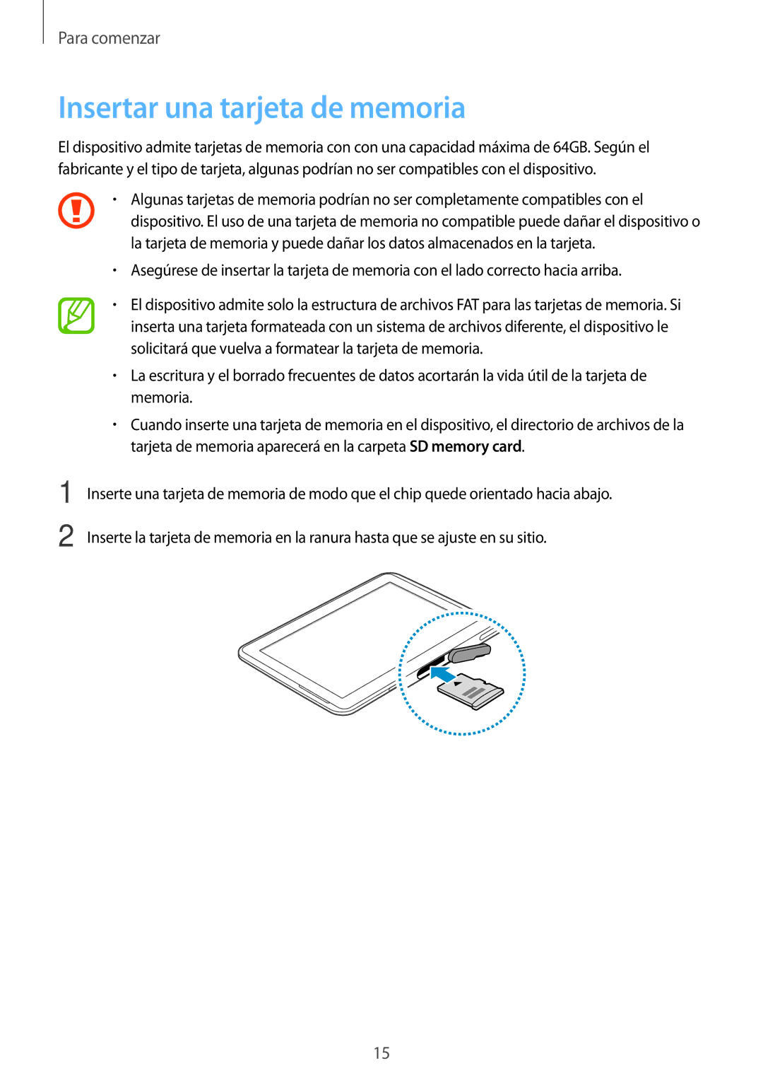 Samsung GT-N8000ZWXPHE, GT-N8000ZWAITV, GT-N8000EAEPHE, GT-N8000ZWEPHE, GT-N8000EAAPHE manual Insertar una tarjeta de memoria 