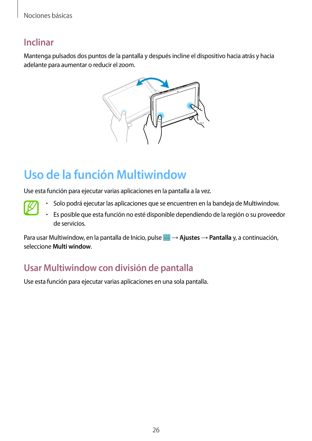 Samsung GT-N8000ZWEPHE, GT-N8000ZWAITV Uso de la función Multiwindow, Inclinar, Usar Multiwindow con división de pantalla 
