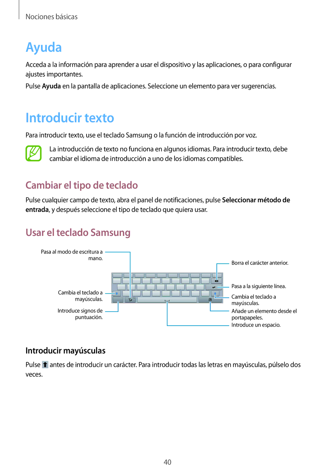 Samsung GT-N8000EAAPHE Ayuda, Introducir texto, Cambiar el tipo de teclado, Usar el teclado Samsung, Introducir mayúsculas 