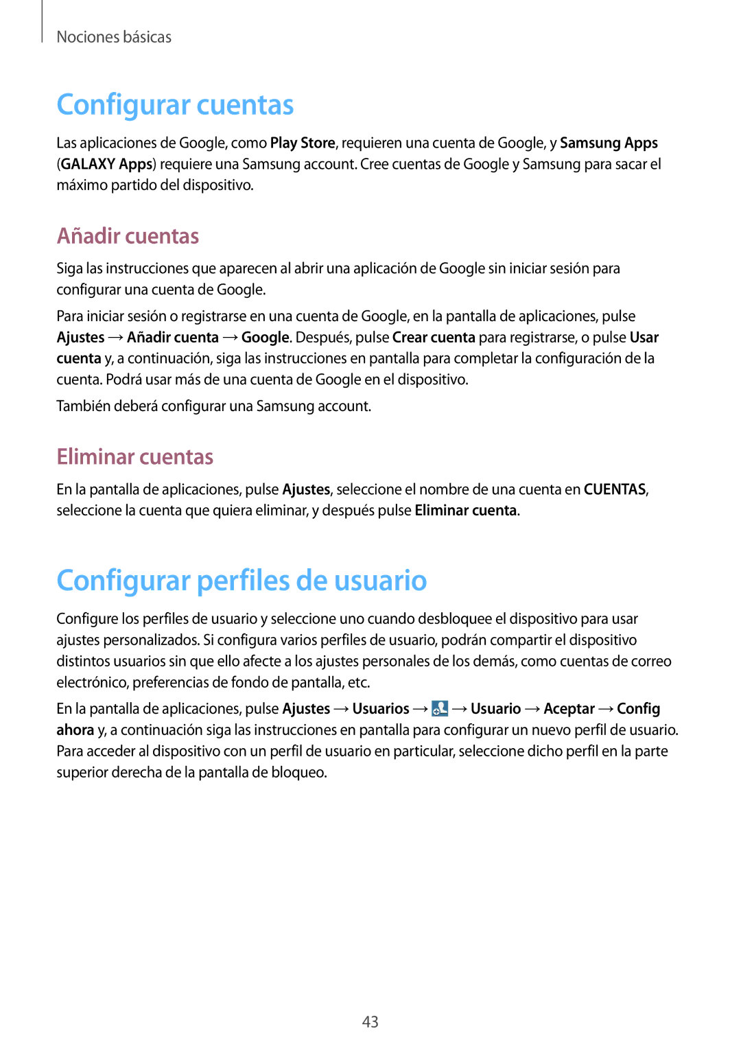 Samsung GT-N8000EAAATL manual Configurar cuentas, Configurar perfiles de usuario, Añadir cuentas, Eliminar cuentas 