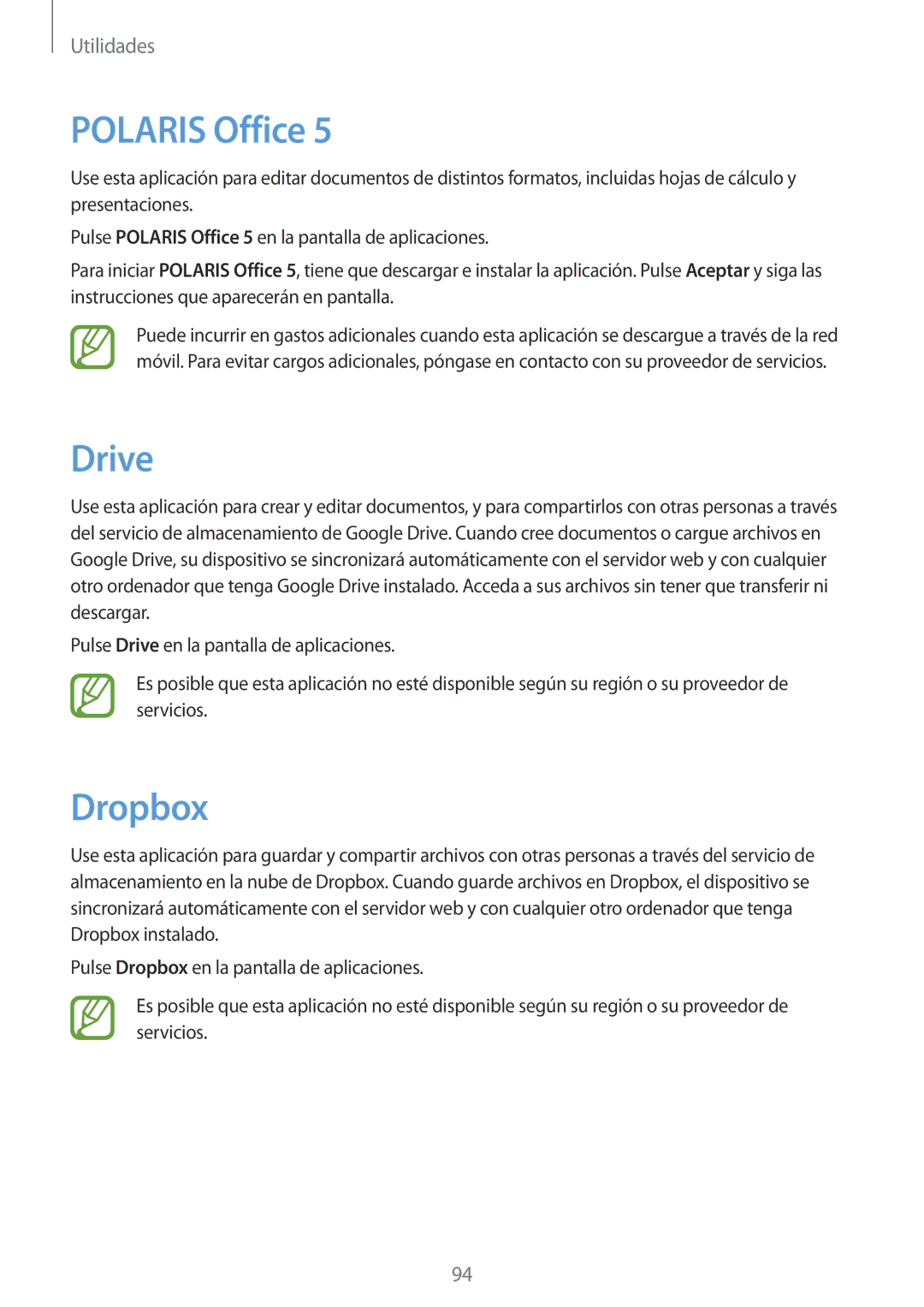 Samsung GT-N8000ZWAATL, GT-N8000ZWAITV, GT-N8000EAEPHE, GT-N8000ZWEPHE, GT-N8000ZWXPHE manual Polaris Office, Drive, Dropbox 