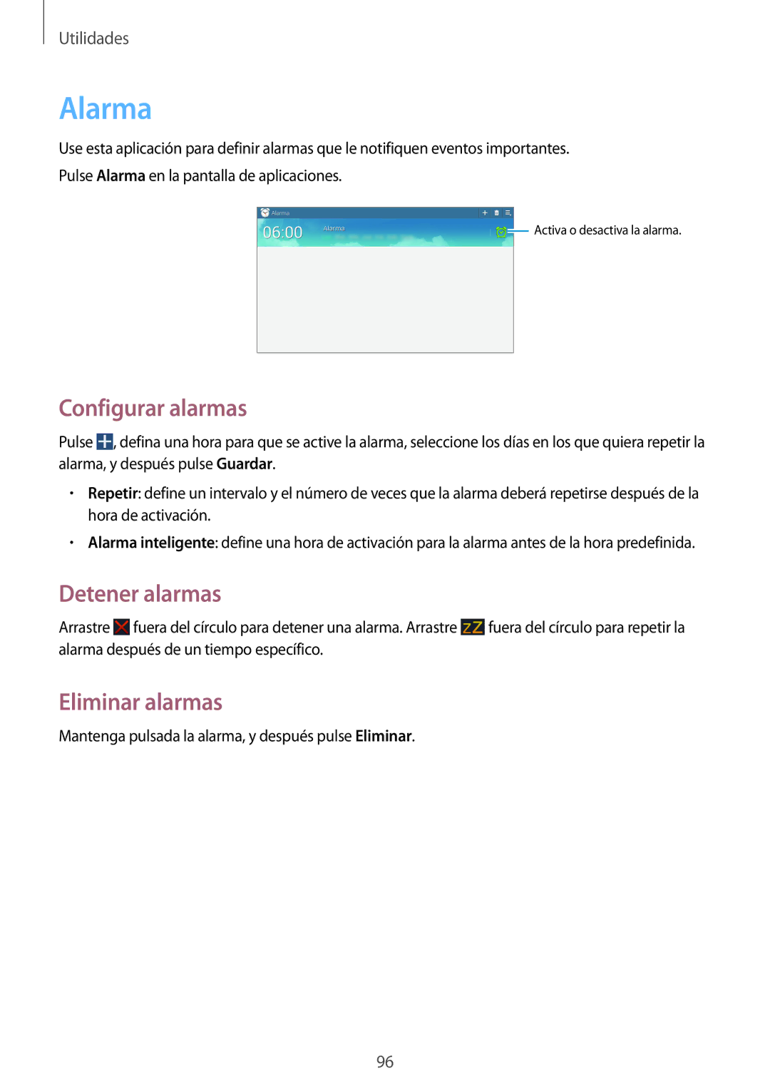 Samsung GT-N8000ZWAITV, GT-N8000EAEPHE, GT-N8000ZWEPHE manual Alarma, Configurar alarmas, Detener alarmas, Eliminar alarmas 