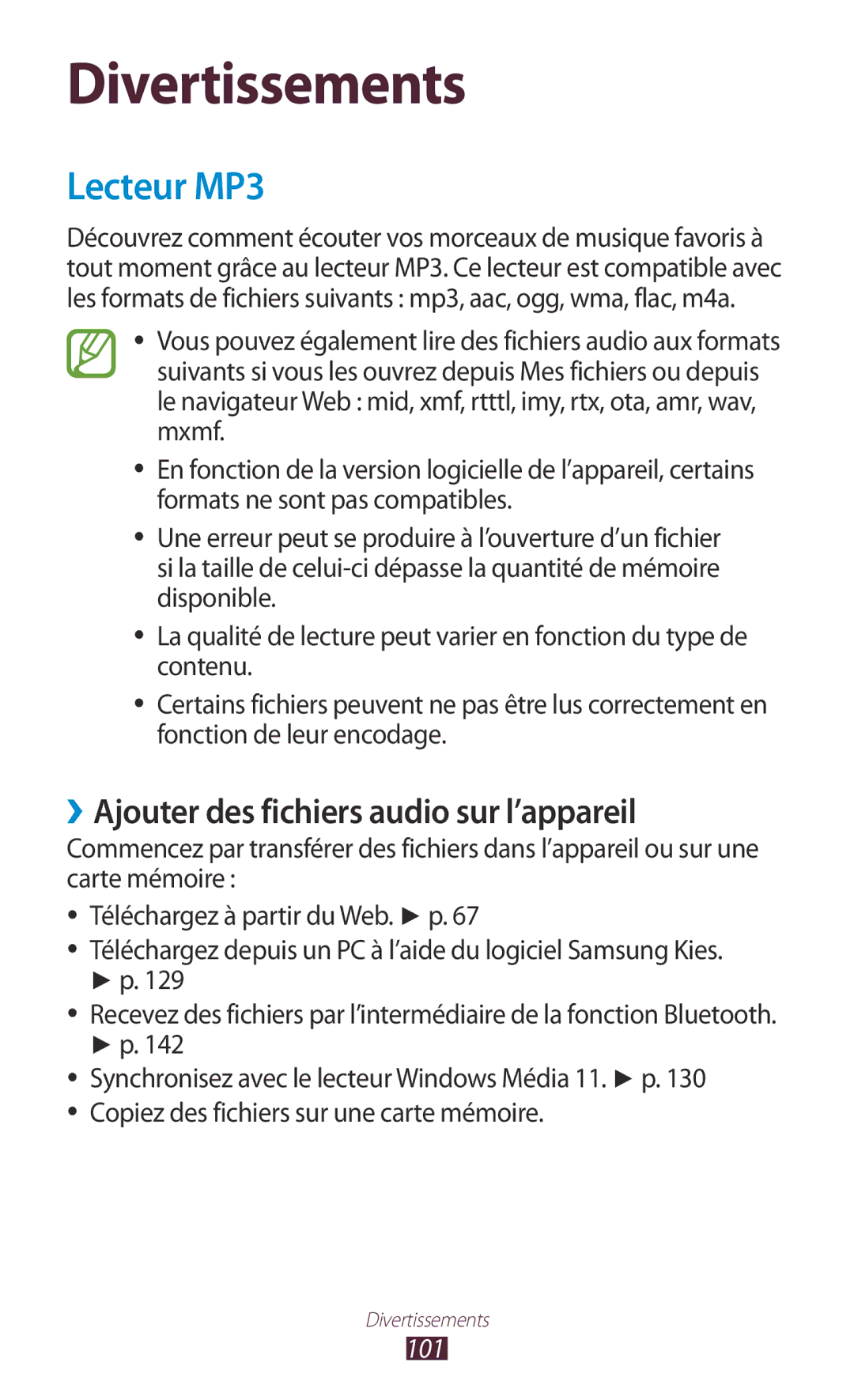 Samsung GT-N8000EAABGL, GT-N8000ZWAMTL, GT-N8000ZWABGL manual Lecteur MP3, ››Ajouter des fichiers audio sur l’appareil, 101 