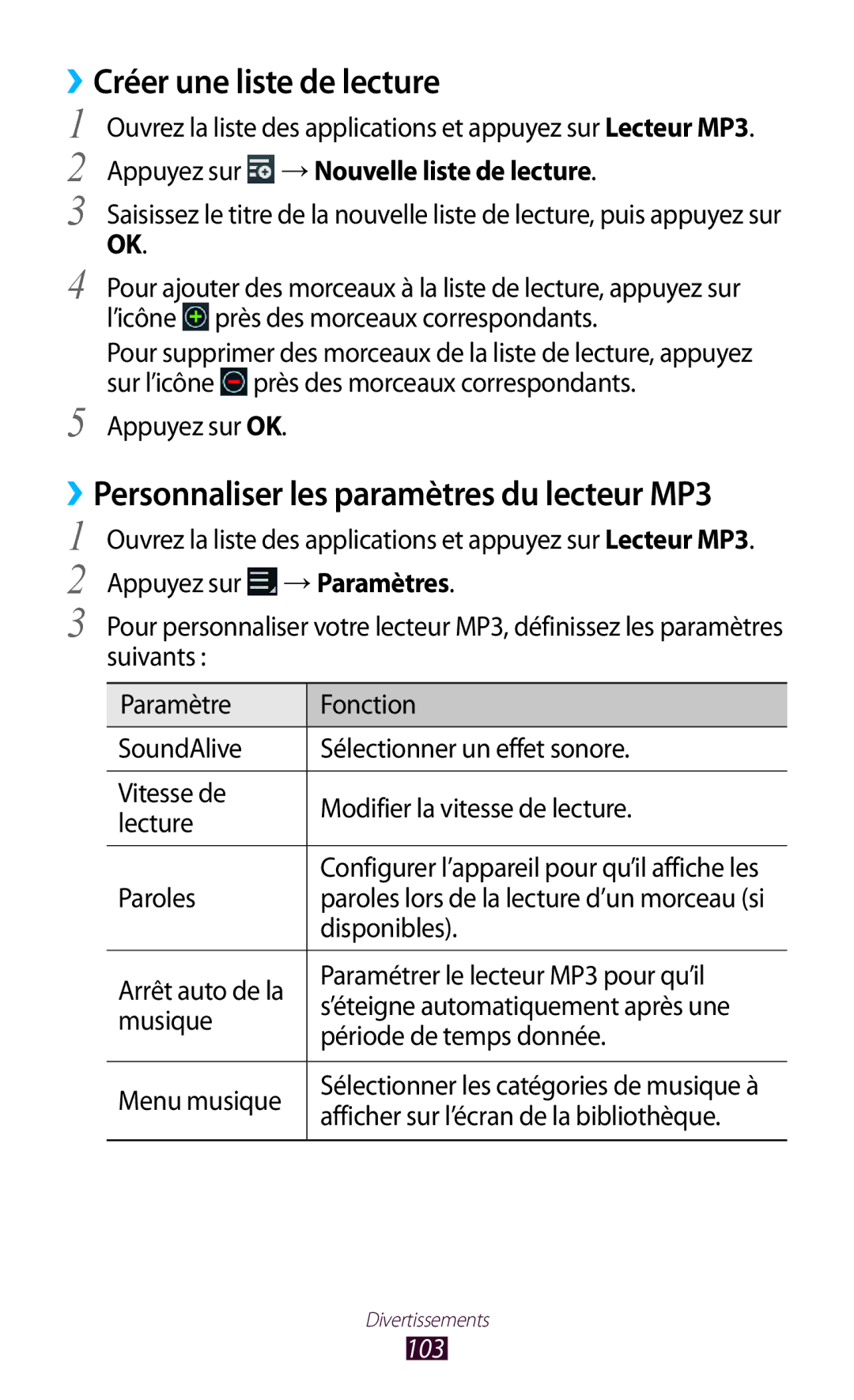 Samsung GT-N8000ZWAGBL, GT-N8000ZWAMTL manual Créer une liste de lecture, ››Personnaliser les paramètres du lecteur MP3, 103 