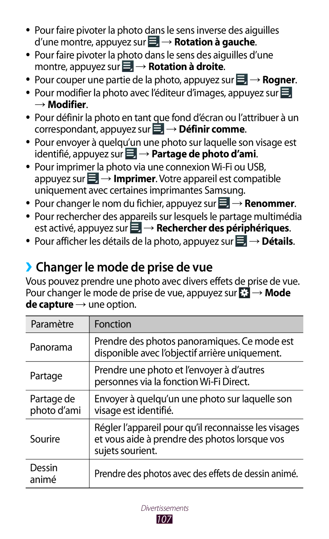 Samsung GT-N8000ZWAGBL, GT-N8000ZWAMTL, GT-N8000EAABGL, GT-N8000ZWABGL ››Changer le mode de prise de vue, → Modifier, 107 