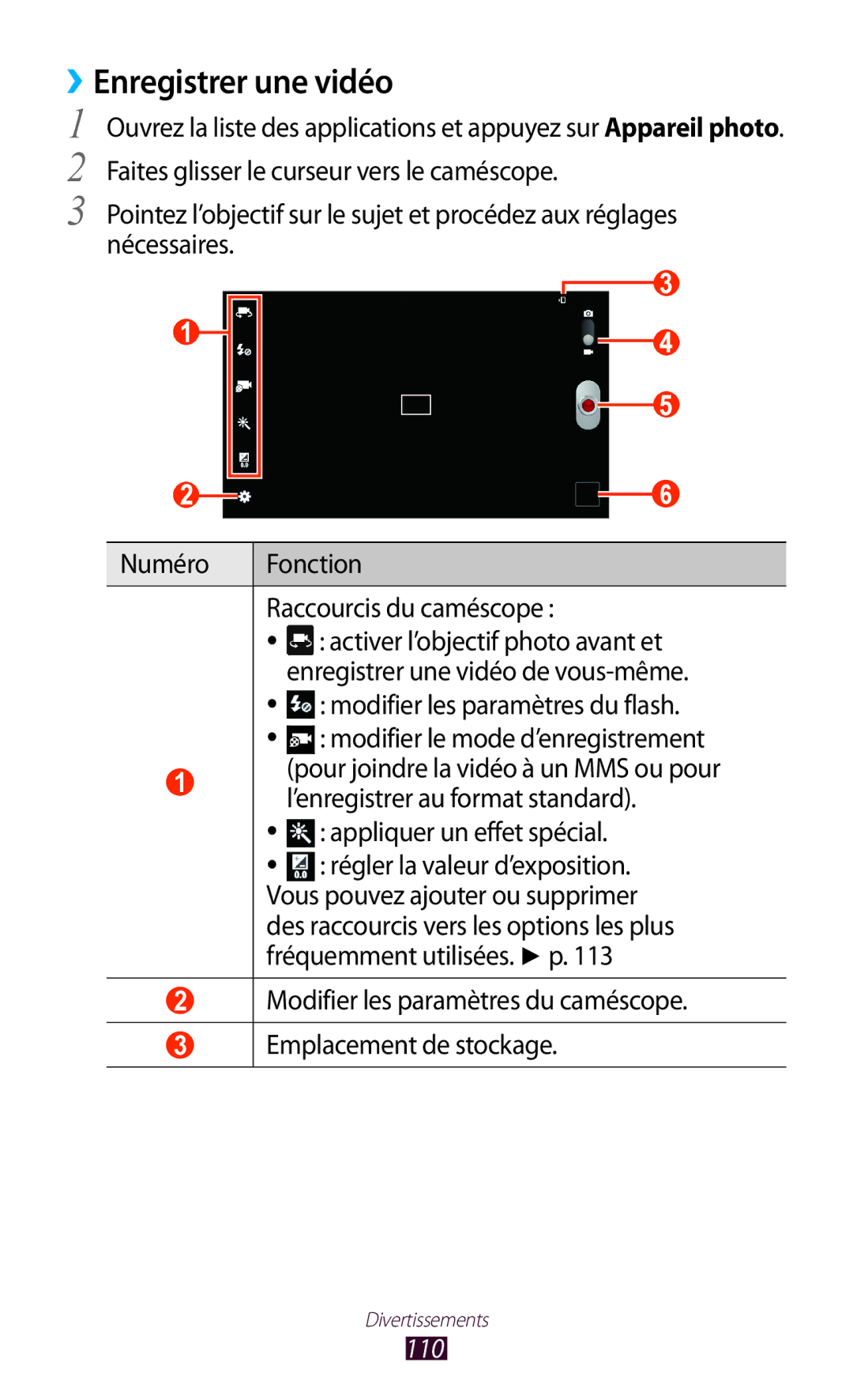 Samsung GT-N8000ZWABGL, GT-N8000ZWAMTL, GT-N8000EAABGL, GT-N8000ZWAGBL manual ››Enregistrer une vidéo, 110 