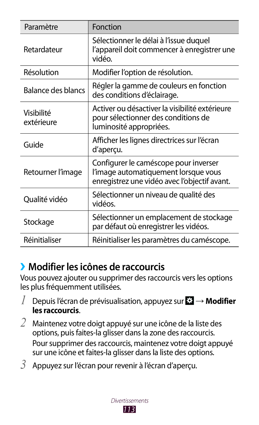 Samsung GT-N8000EAABGL, GT-N8000ZWAMTL, GT-N8000ZWABGL, GT-N8000ZWAGBL manual ››Modifier les icônes de raccourcis, 113 