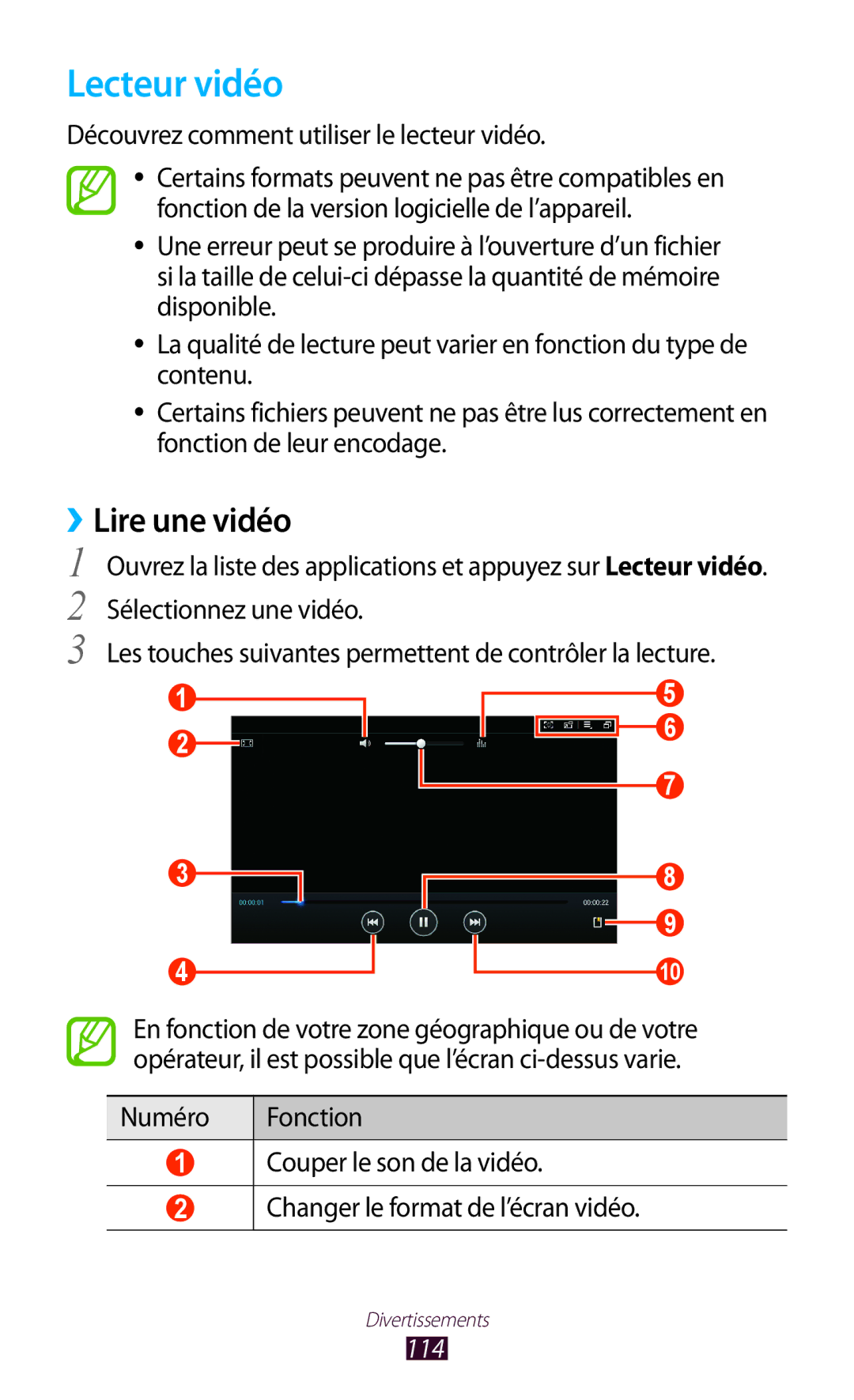 Samsung GT-N8000ZWABGL, GT-N8000ZWAMTL Lecteur vidéo, ››Lire une vidéo, Découvrez comment utiliser le lecteur vidéo, 114 
