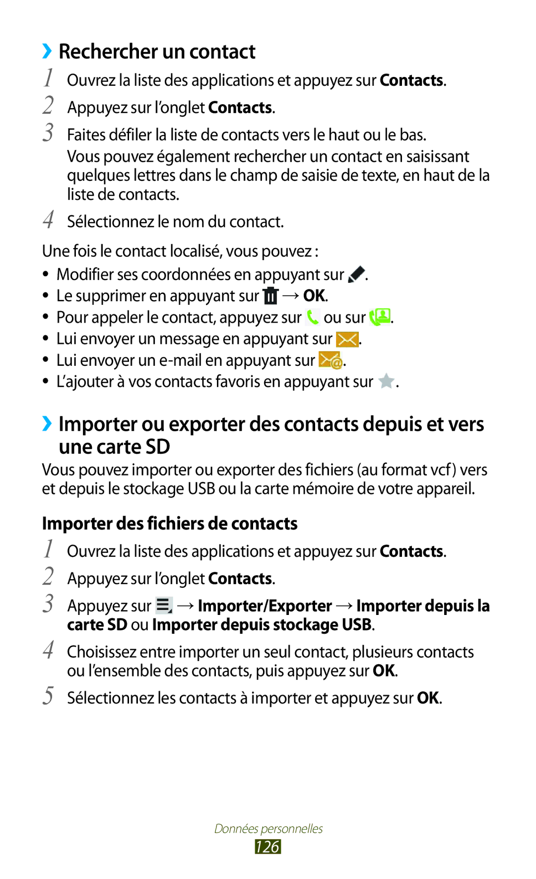 Samsung GT-N8000ZWABGL, GT-N8000ZWAMTL, GT-N8000EAABGL manual ››Rechercher un contact, Importer des fichiers de contacts, 126 