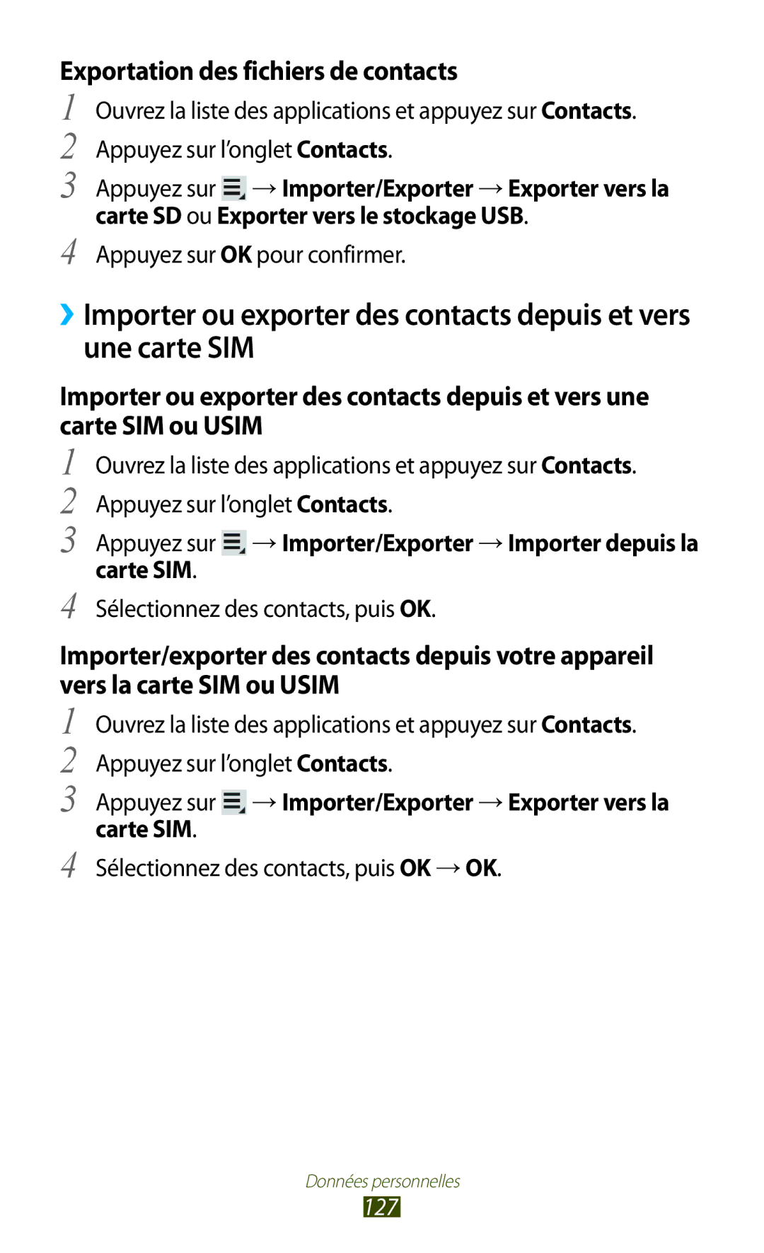 Samsung GT-N8000ZWAGBL manual Exportation des fichiers de contacts, Carte SD ou Exporter vers le stockage USB, 127 