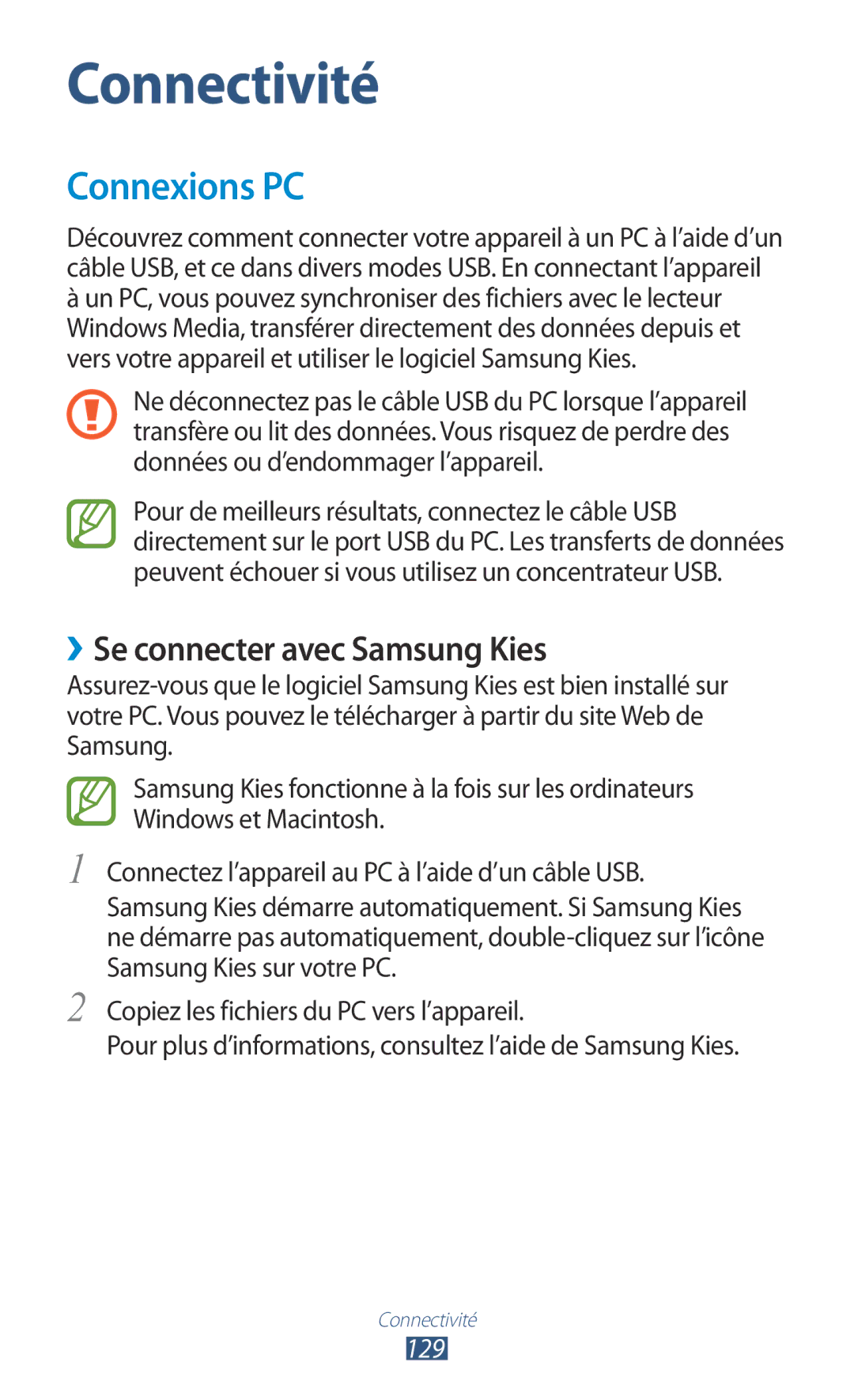 Samsung GT-N8000EAABGL, GT-N8000ZWAMTL, GT-N8000ZWABGL, GT-N8000ZWAGBL Connexions PC, ››Se connecter avec Samsung Kies, 129 