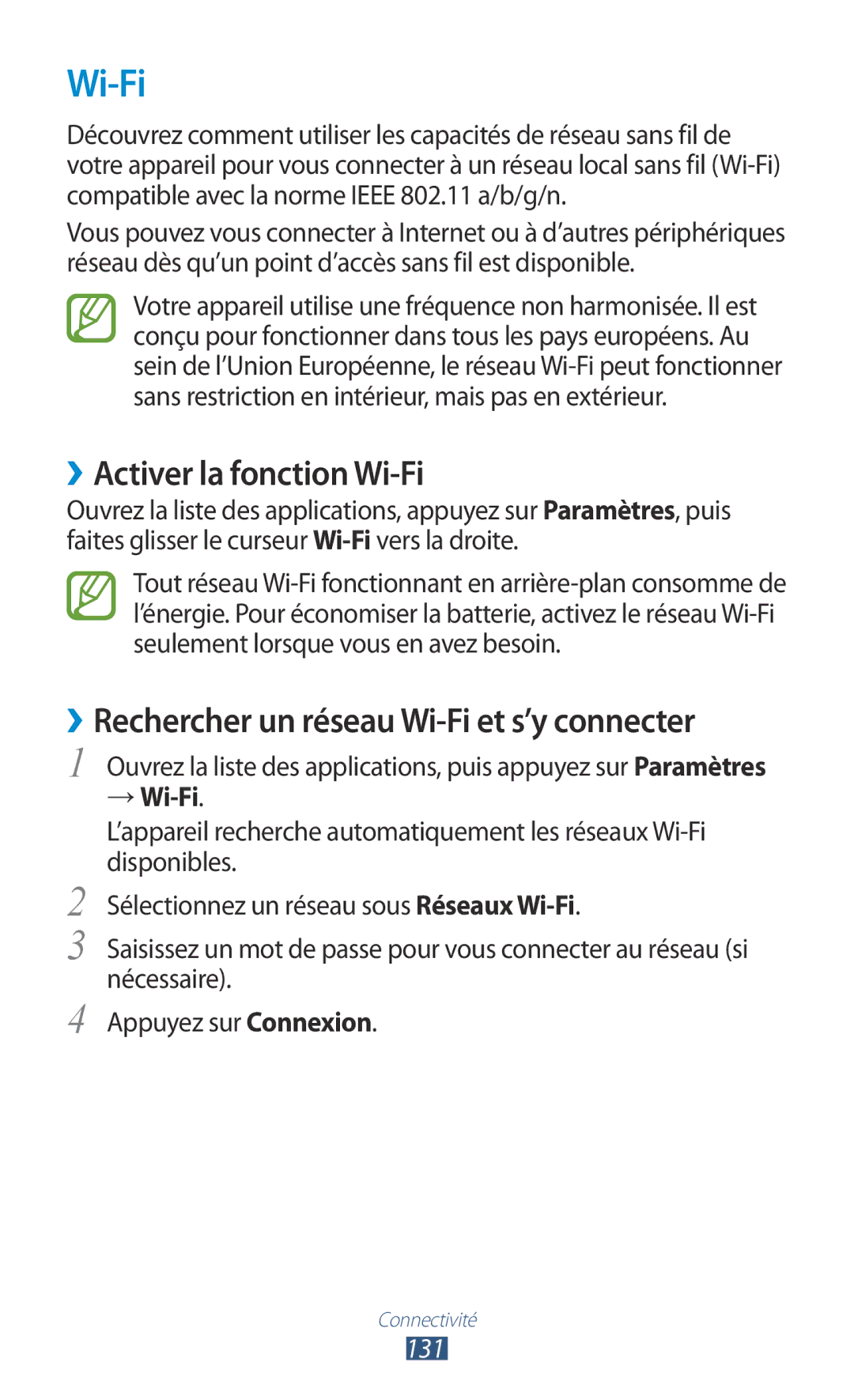 Samsung GT-N8000ZWAGBL manual ››Activer la fonction Wi-Fi, ››Rechercher un réseau Wi-Fi et s’y connecter, → Wi-Fi, 131 