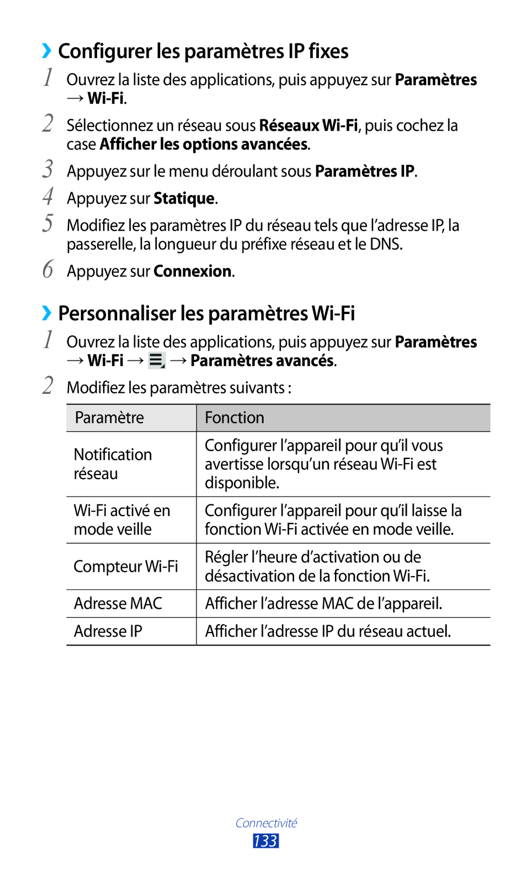 Samsung GT-N8000EAABGL, GT-N8000ZWAMTL ››Configurer les paramètres IP fixes, ››Personnaliser les paramètres Wi-Fi, 133 