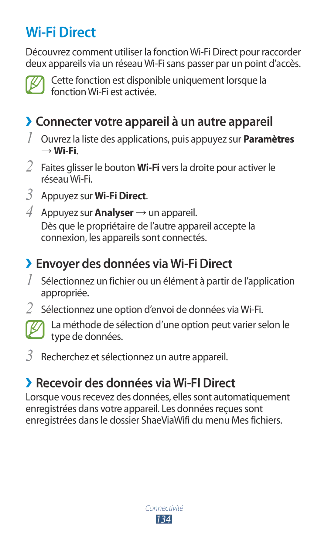 Samsung GT-N8000ZWABGL, GT-N8000ZWAMTL, GT-N8000EAABGL Wi-Fi Direct, ››Connecter votre appareil à un autre appareil, 134 