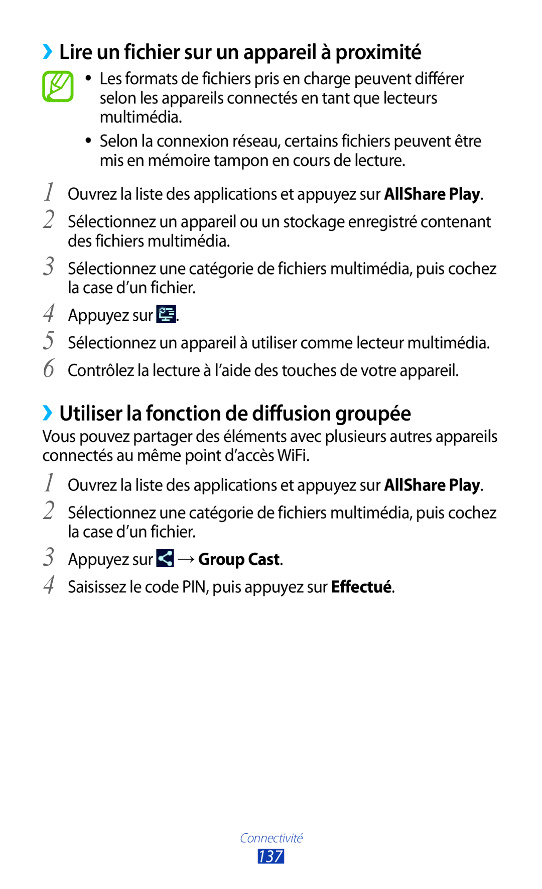 Samsung GT-N8000EAABGL ››Lire un fichier sur un appareil à proximité, ››Utiliser la fonction de diffusion groupée, 137 