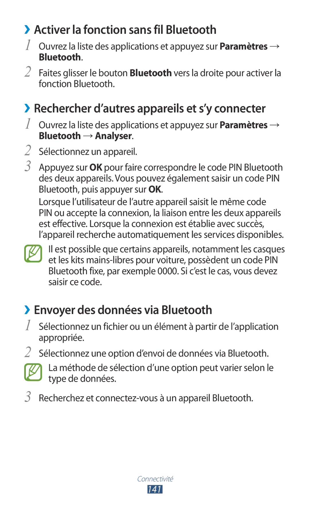 Samsung GT-N8000EAABGL, GT-N8000ZWAMTL ››Activer la fonction sans fil Bluetooth, ››Envoyer des données via Bluetooth, 141 