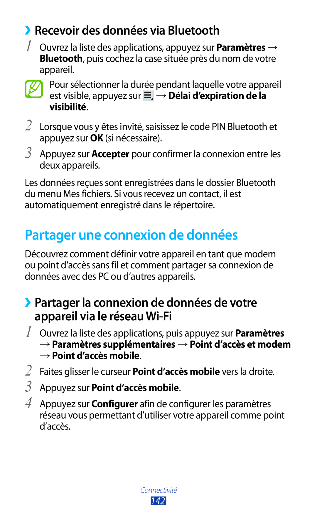 Samsung GT-N8000ZWABGL Partager une connexion de données, ››Recevoir des données via Bluetooth, → Point d’accès mobile 