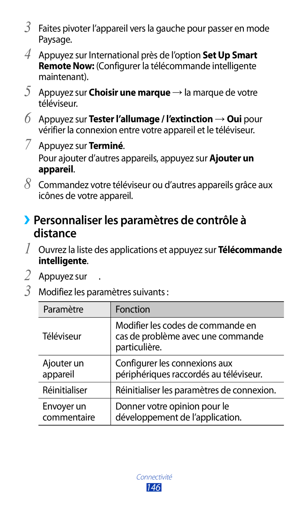 Samsung GT-N8000ZWABGL, GT-N8000ZWAMTL, GT-N8000EAABGL manual ››Personnaliser les paramètres de contrôle à Distance, 146 