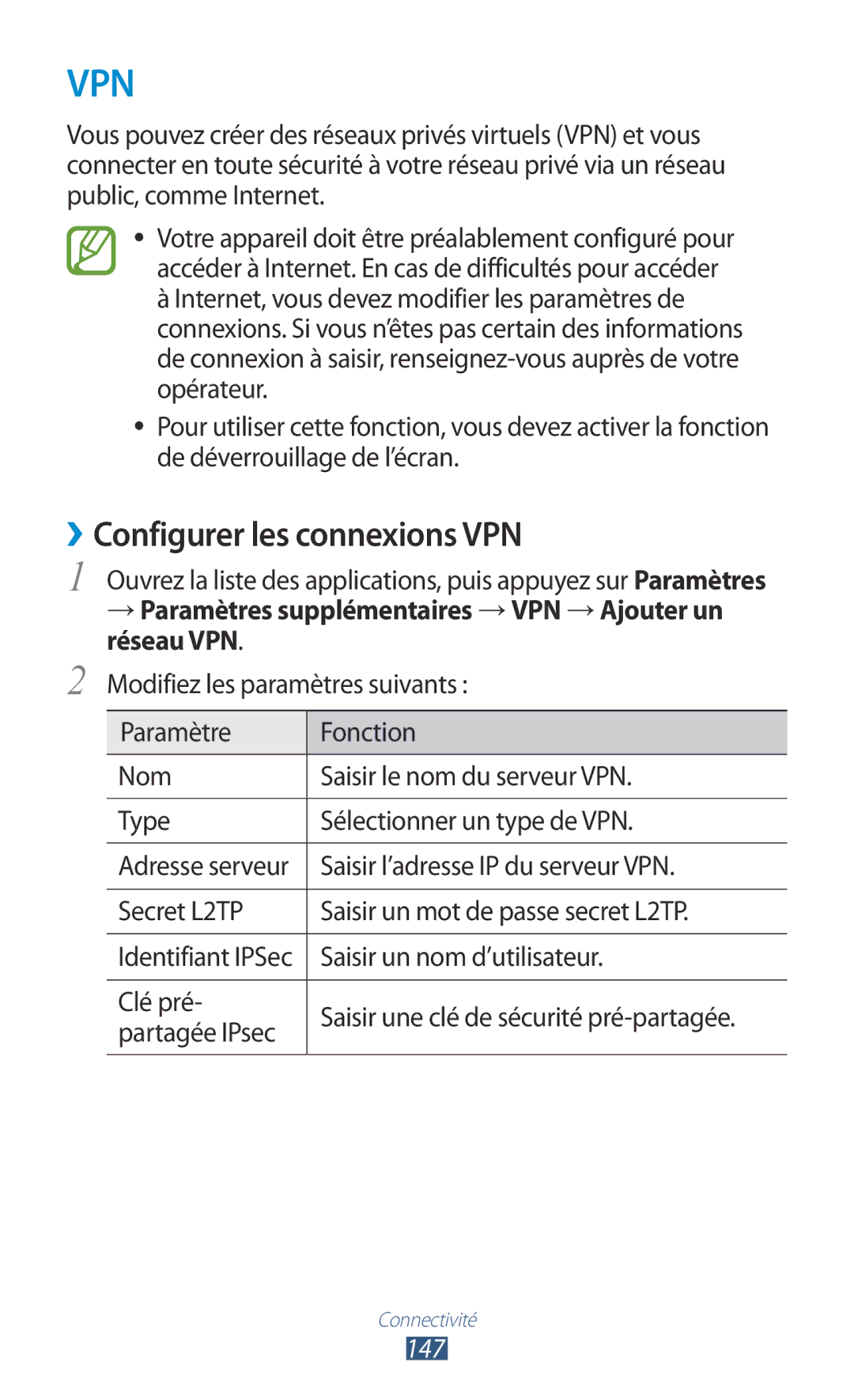 Samsung GT-N8000ZWAGBL ››Configurer les connexions VPN, → Paramètres supplémentaires →VPN →Ajouter un réseau VPN, 147 