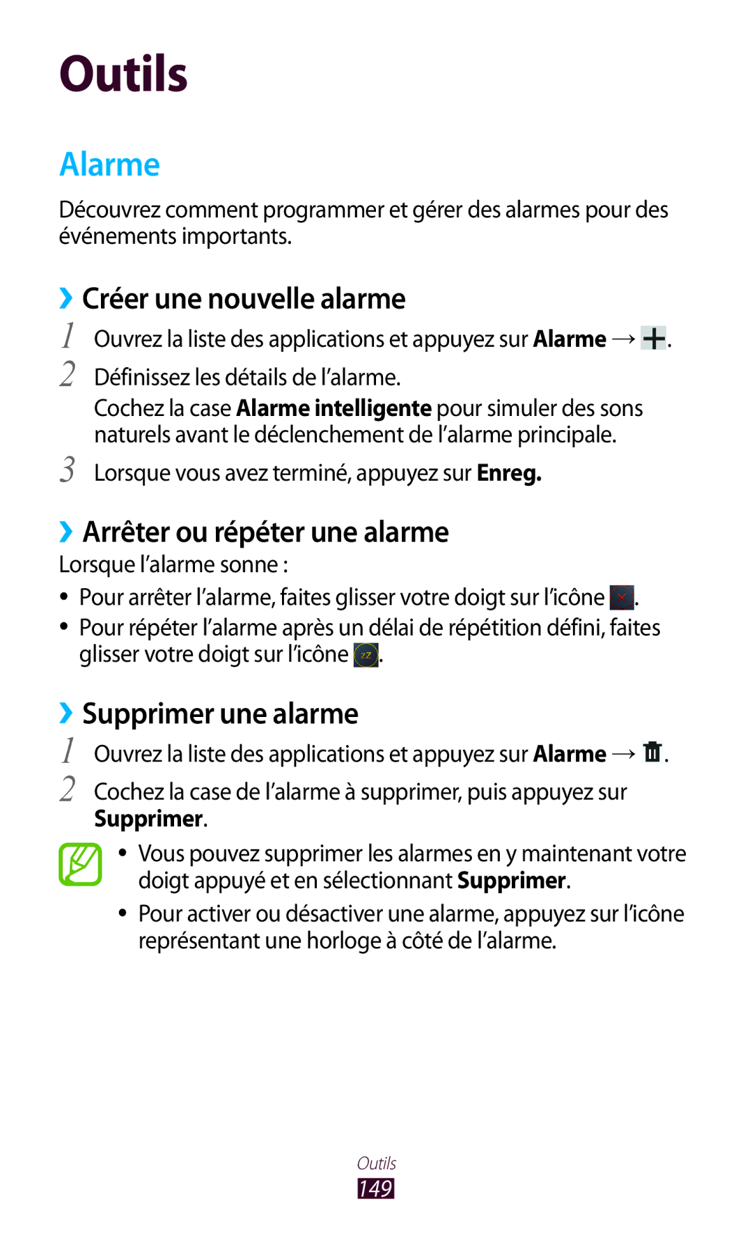 Samsung GT-N8000EAABGL Alarme, ››Créer une nouvelle alarme, ››Arrêter ou répéter une alarme, ››Supprimer une alarme, 149 