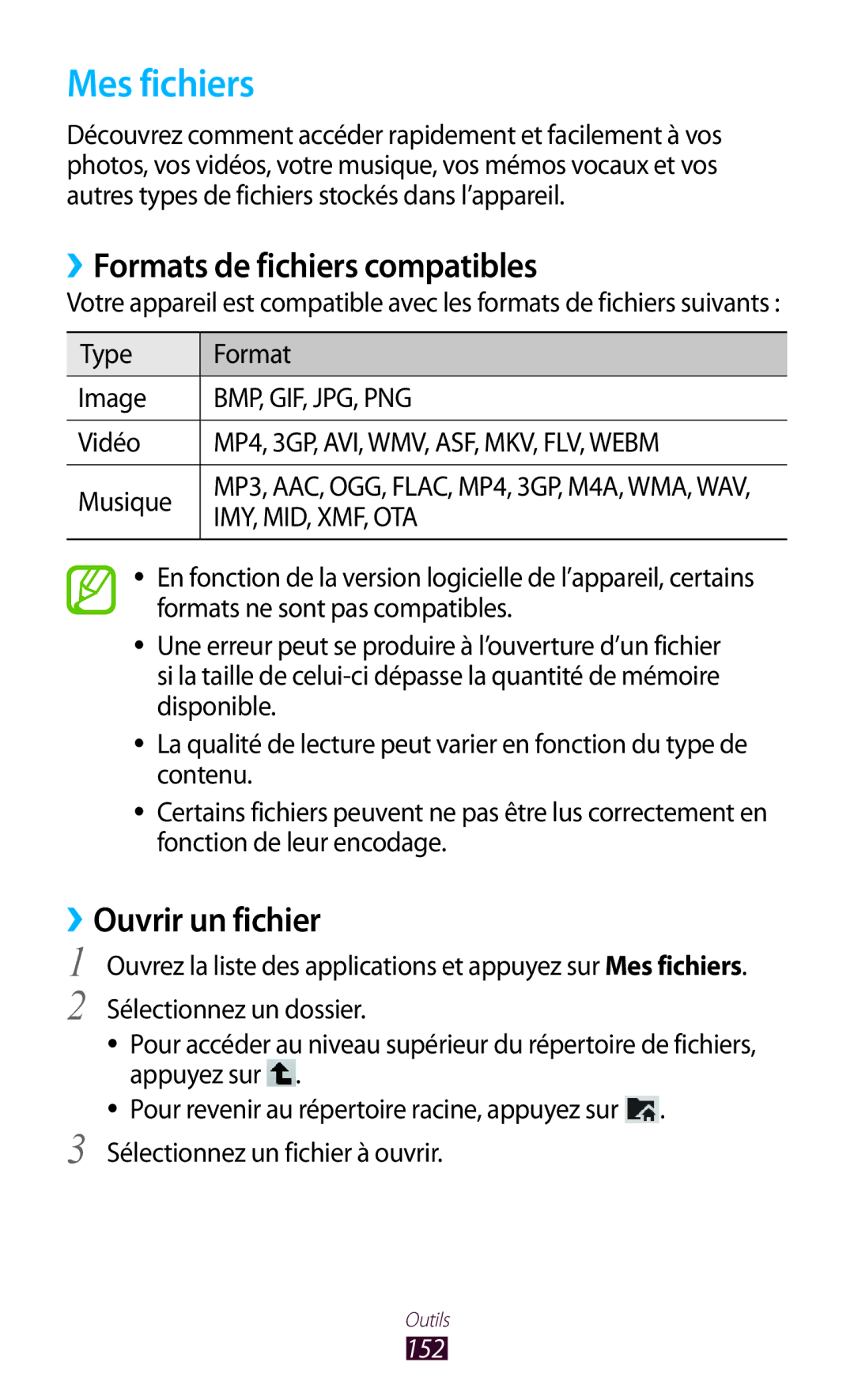 Samsung GT-N8000ZWAMTL manual Mes fichiers, ››Formats de fichiers compatibles, ››Ouvrir un fichier, Type Format Image, 152 