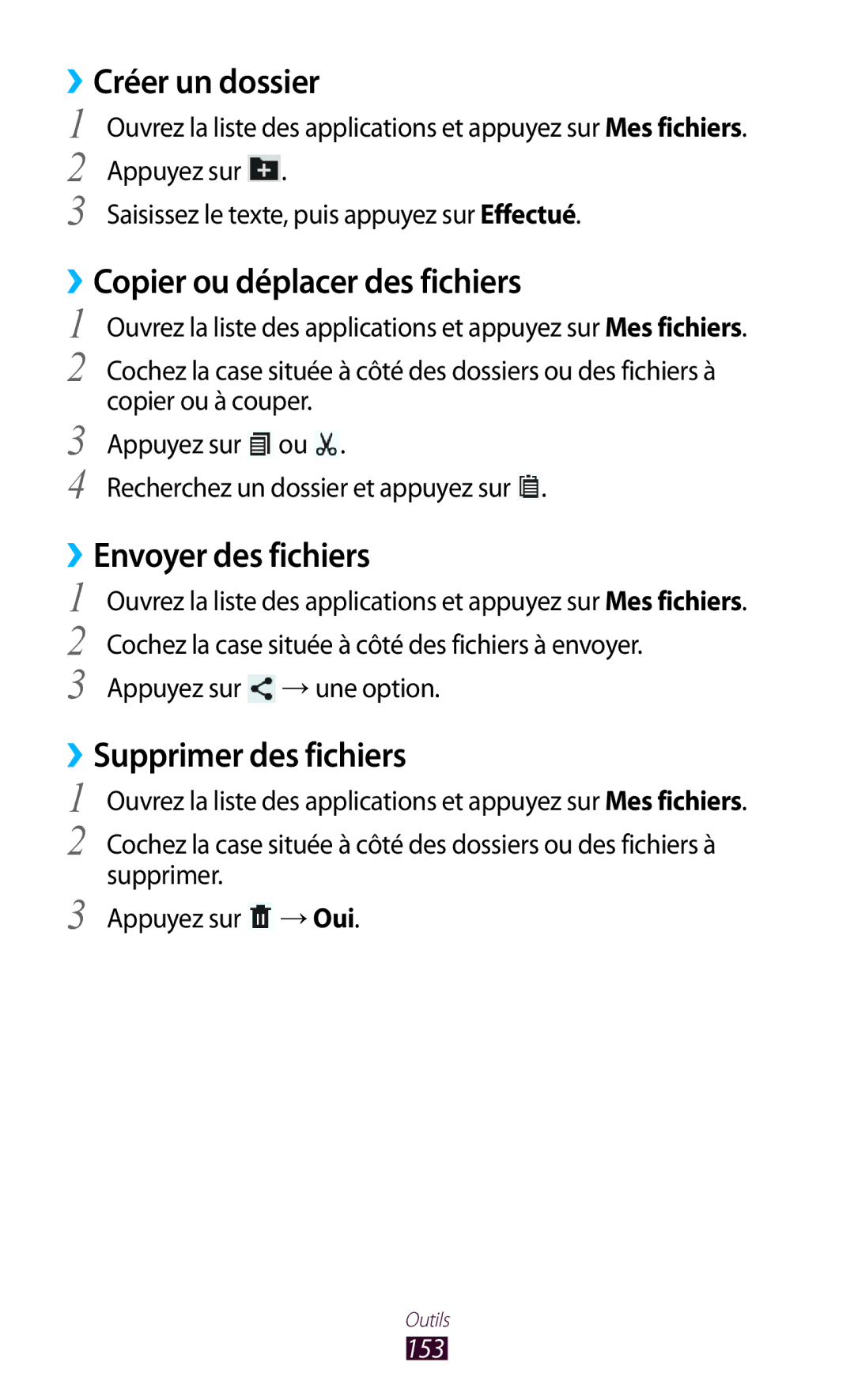 Samsung GT-N8000EAABGL, GT-N8000ZWAMTL Créer un dossier, ››Copier ou déplacer des fichiers, ››Envoyer des fichiers, 153 