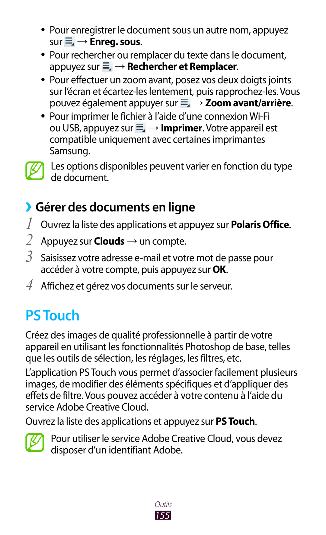 Samsung GT-N8000ZWAGBL manual PS Touch, ››Gérer des documents en ligne, Affichez et gérez vos documents sur le serveur, 155 