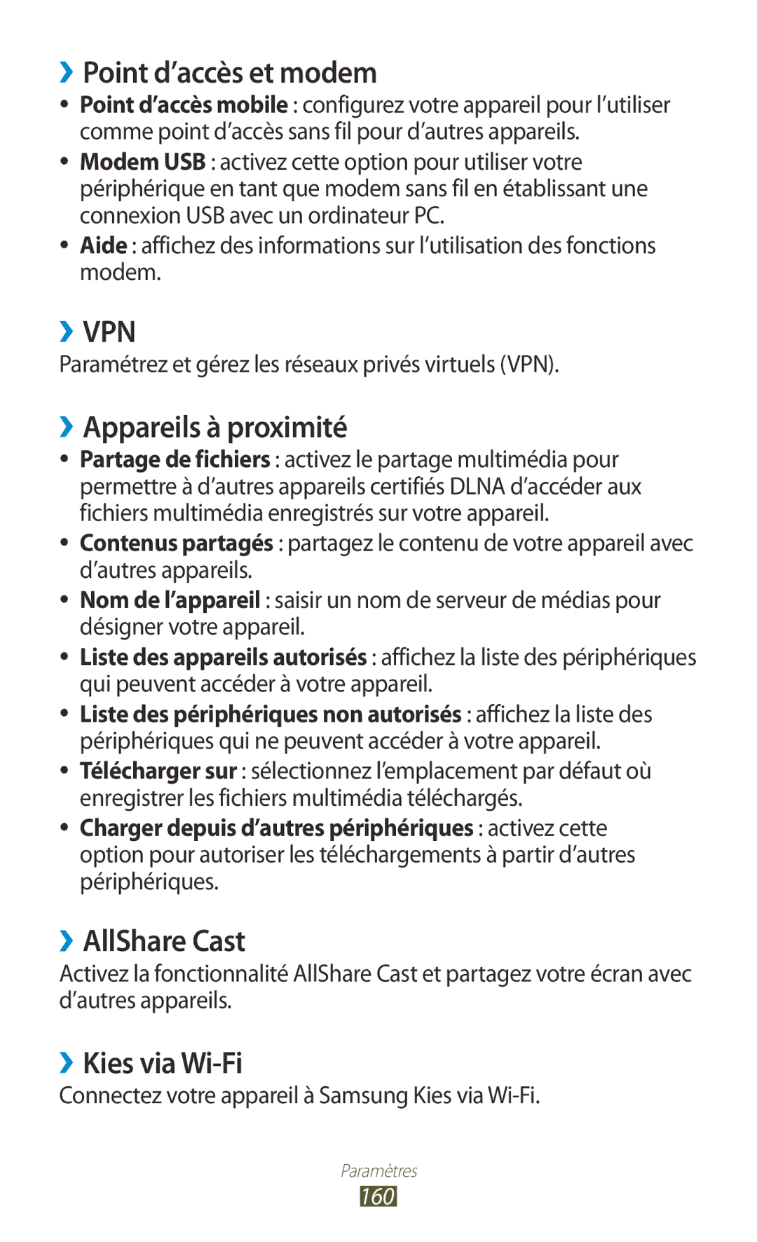 Samsung GT-N8000ZWAMTL manual ››Point d’accès et modem, ››Appareils à proximité, ››AllShare Cast, ››Kies via Wi-Fi, 160 