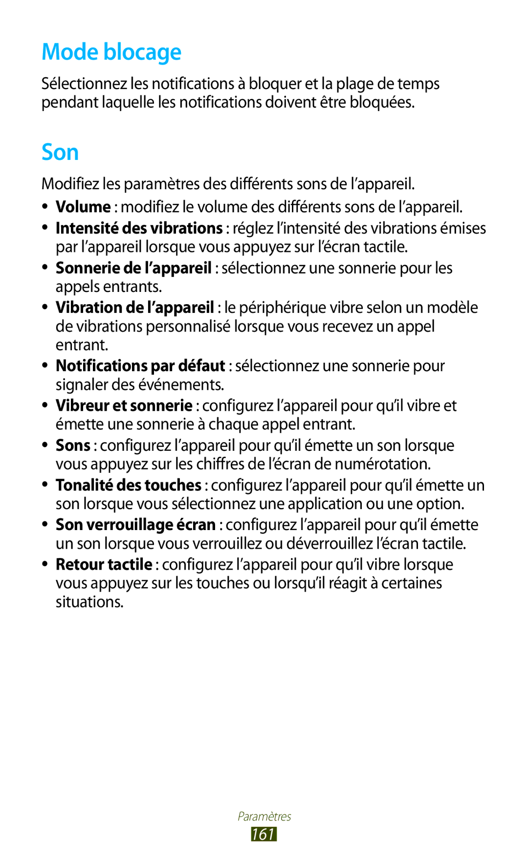 Samsung GT-N8000EAABGL, GT-N8000ZWAMTL, GT-N8000ZWABGL, GT-N8000ZWAGBL manual Mode blocage, Son, 161 