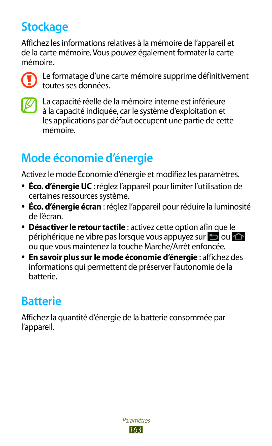 Samsung GT-N8000ZWAGBL, GT-N8000ZWAMTL, GT-N8000EAABGL, GT-N8000ZWABGL manual Stockage, Mode économie d’énergie, Batterie, 163 