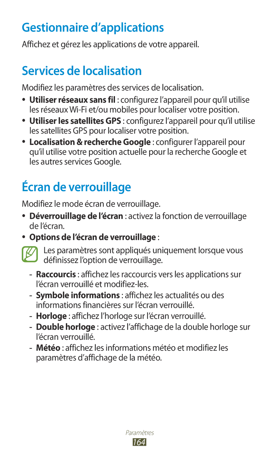 Samsung GT-N8000ZWAMTL, GT-N8000EAABGL Gestionnaire d’applications, Services de localisation, Écran de verrouillage, 164 