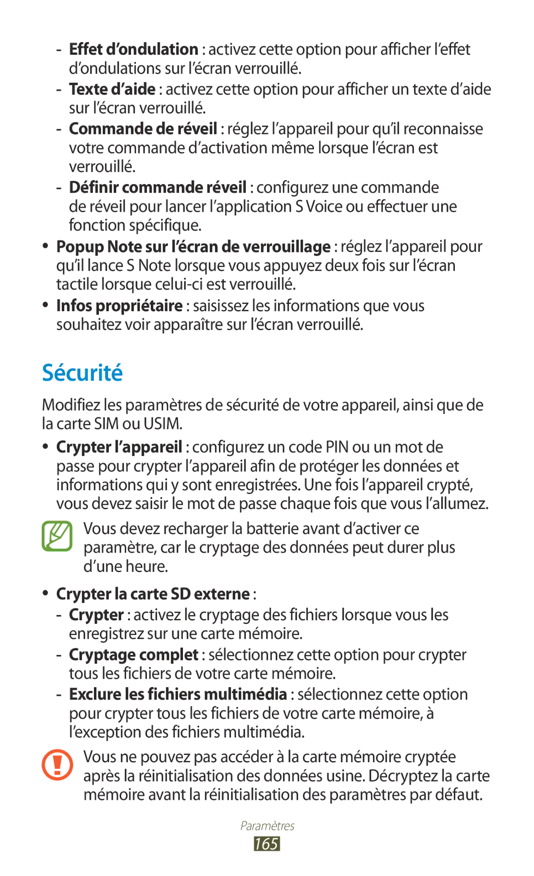 Samsung GT-N8000EAABGL, GT-N8000ZWAMTL, GT-N8000ZWABGL, GT-N8000ZWAGBL manual Sécurité, Crypter la carte SD externe, 165 