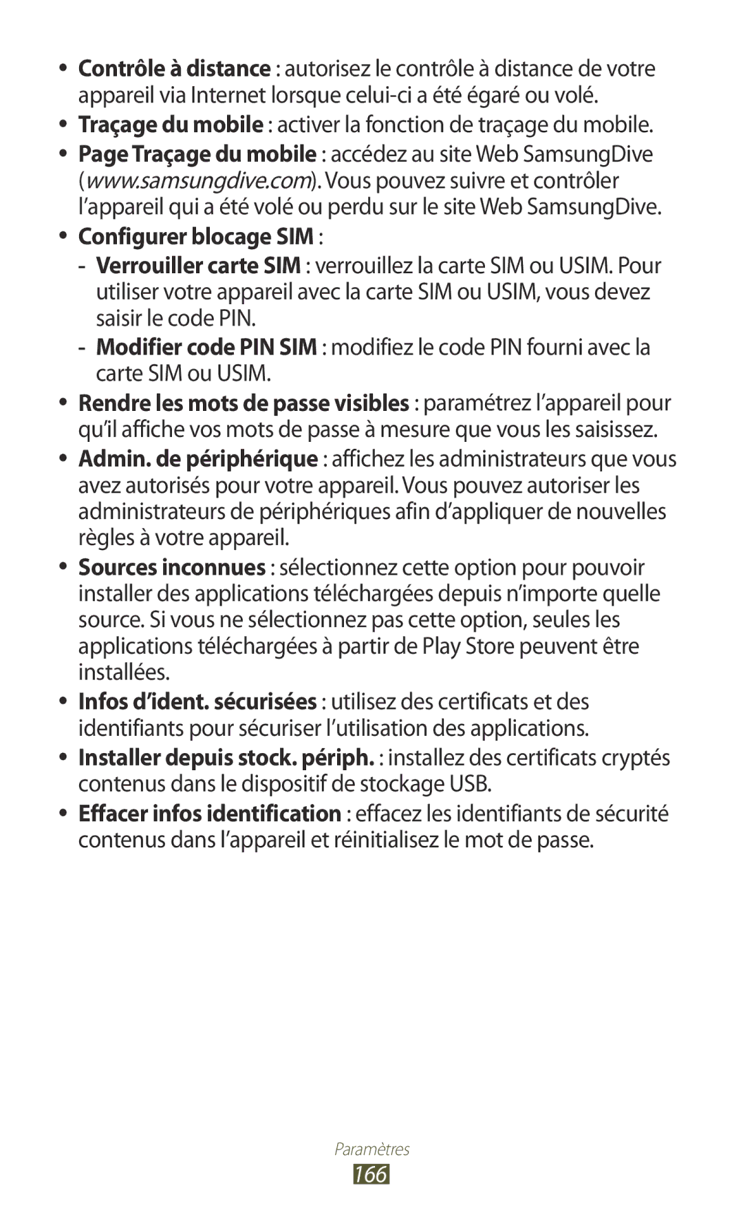 Samsung GT-N8000ZWABGL manual Traçage du mobile activer la fonction de traçage du mobile, Configurer blocage SIM, 166 