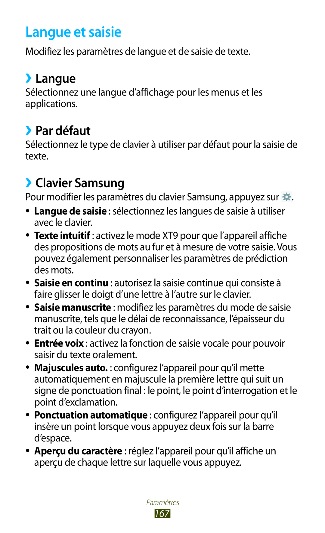 Samsung GT-N8000ZWAGBL, GT-N8000ZWAMTL, GT-N8000EAABGL Langue et saisie, ››Langue, ››Par défaut, ››Clavier Samsung, 167 