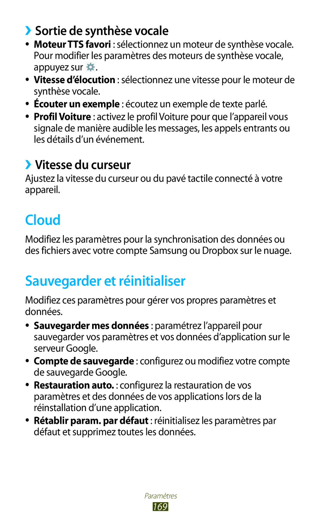 Samsung GT-N8000EAABGL manual Cloud, Sauvegarder et réinitialiser, ››Sortie de synthèse vocale, ››Vitesse du curseur, 169 