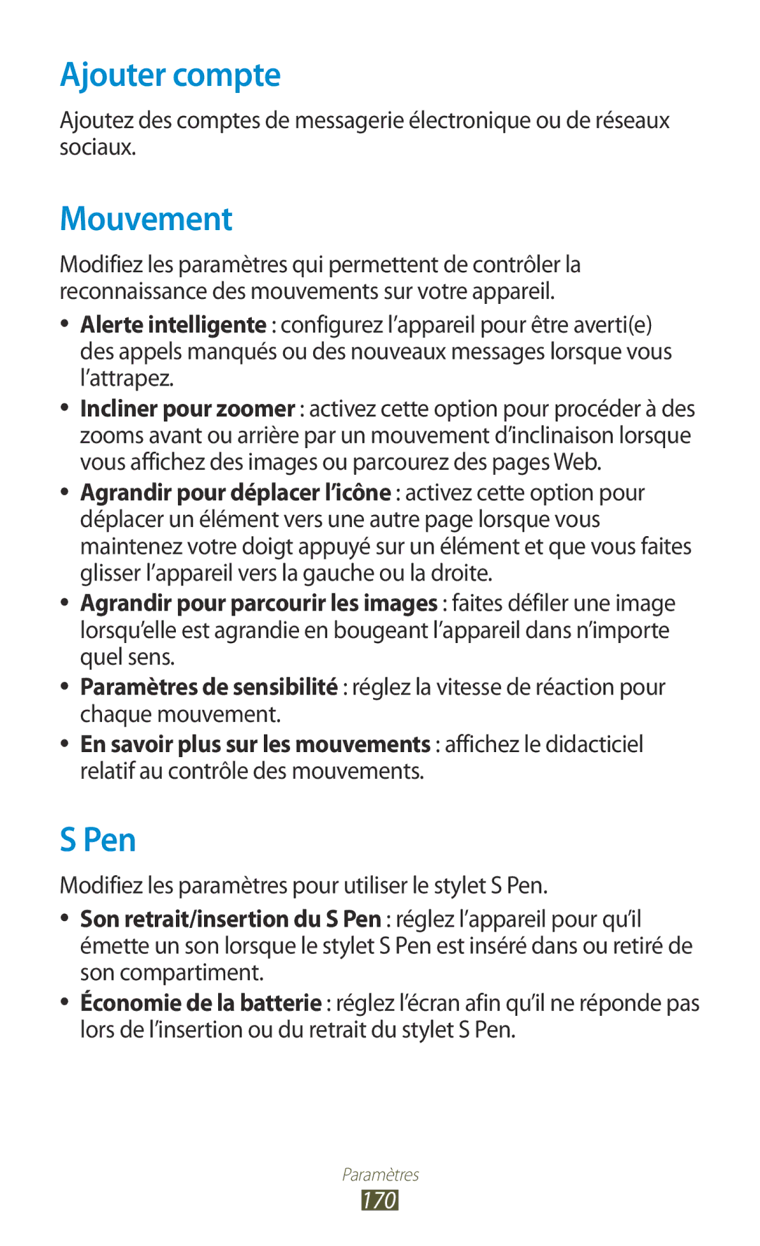 Samsung GT-N8000ZWABGL manual Ajouter compte, Mouvement, Modifiez les paramètres pour utiliser le stylet S Pen, 170 